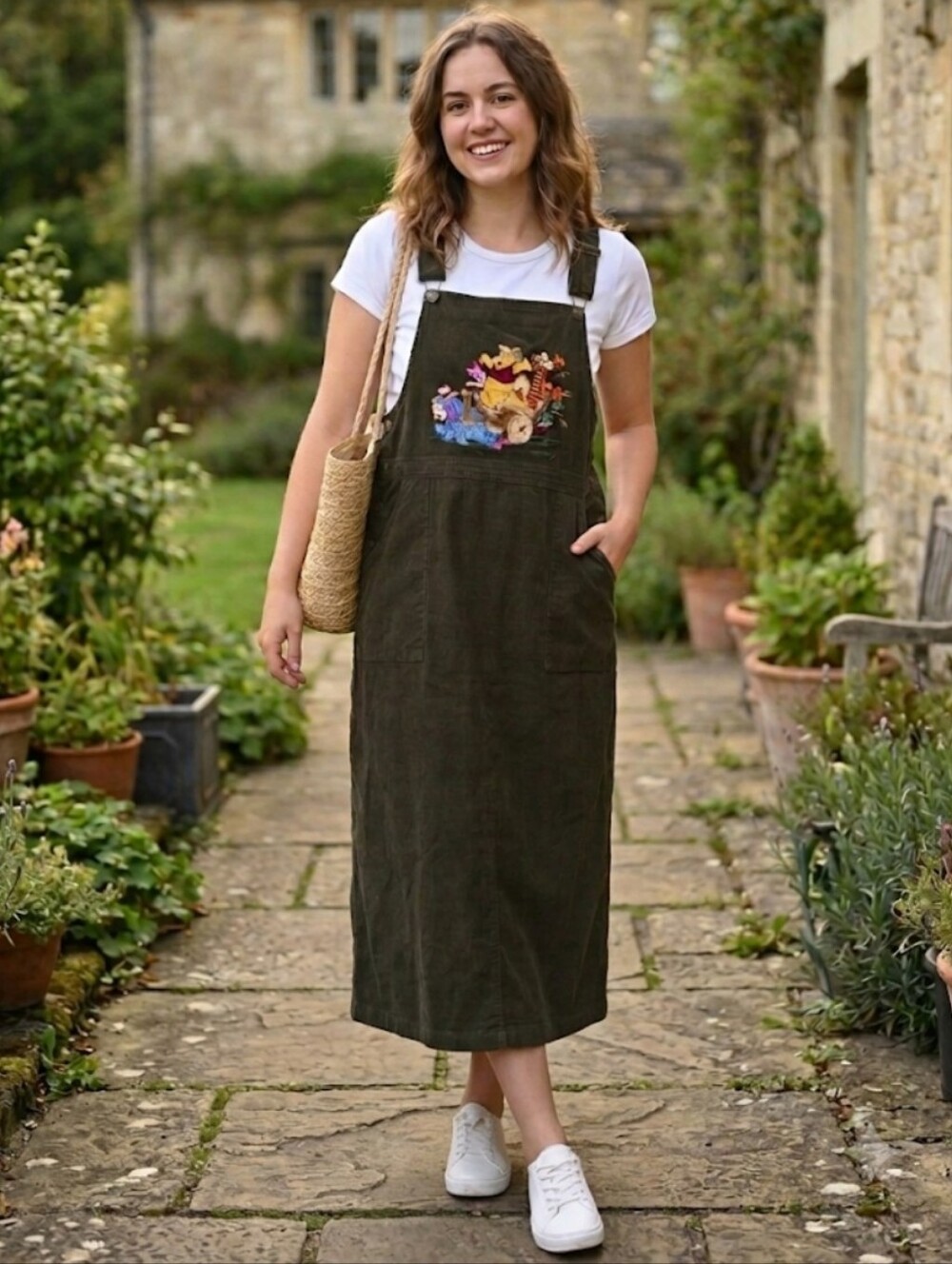 90"S Disney Store Winnie the Pooh Corduroy Overall Dress Size  Large VTG